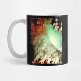 Portrait, digital collage, special processing. Men looking. Behind light. Very grainy on close, but so beautiful. Orange, green. Mug